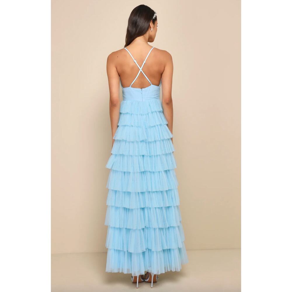 Lulus Radiant Event Light Blue Mesh Tiered Pleated Backless Maxi Dress Large NWT - Picture 3 of 11